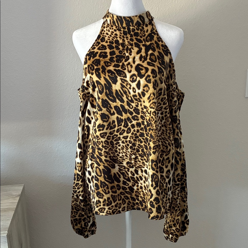 Animal print open shoulder, satin/ polyester choker neck blouse